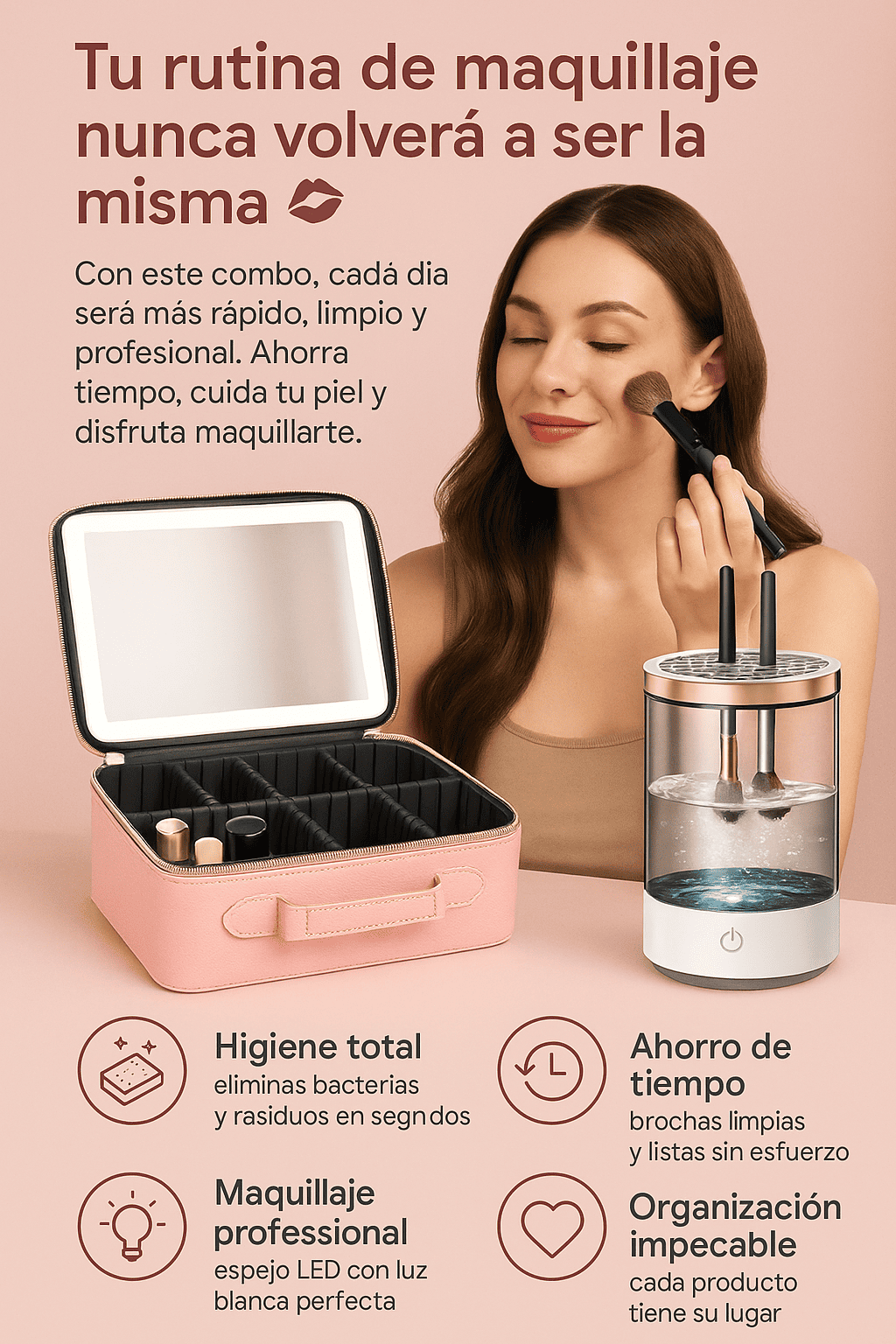 cosmetiquera luz led profesional+limpiador de brochas premium